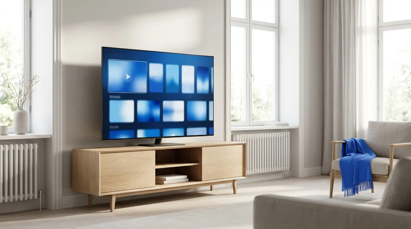 Smart-TV in einem hellen Wohnzimmer mit IPTV-Streaming-Oberfläche während der Testphase